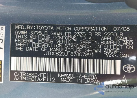 2008 Toyota Prius z USA, uszkodzony, nr VIN JTDKB20U187807891